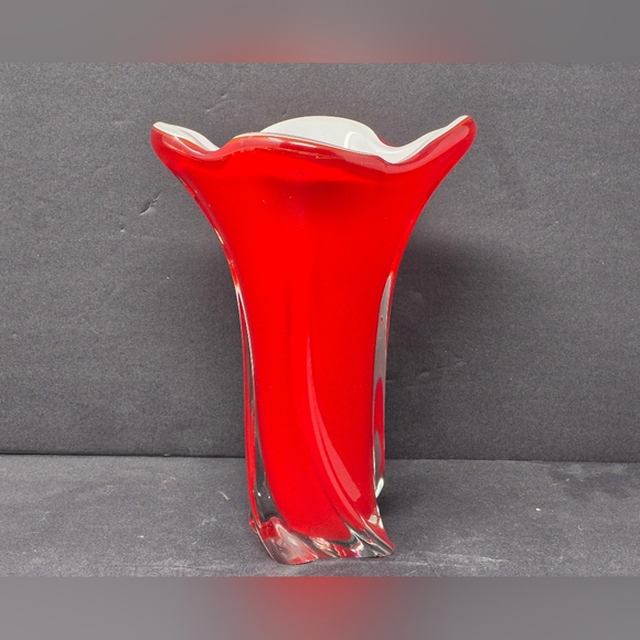 Red Art Glass Vase With White Interior - Picture 2 of 7